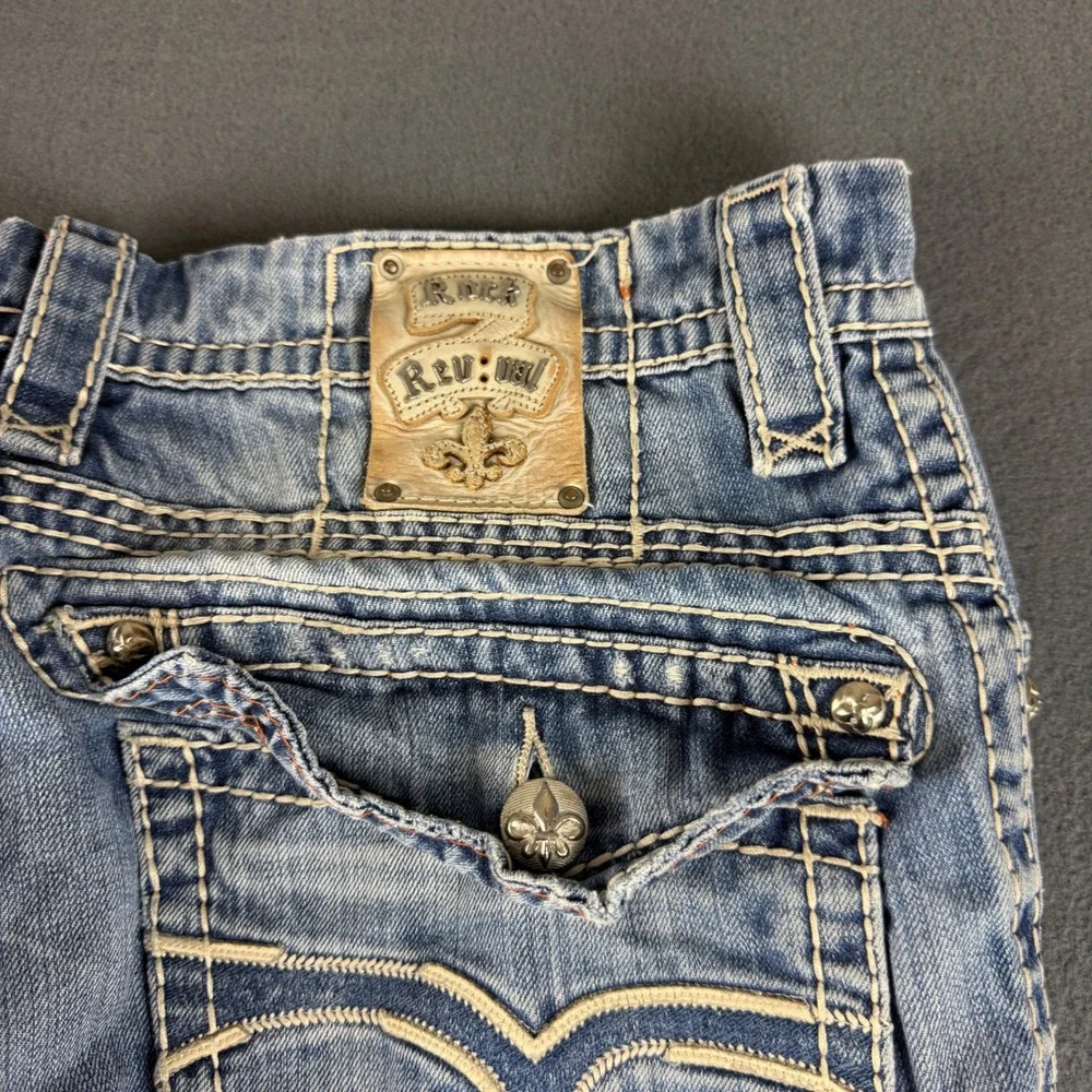 Rock Revival Antonio Jeans Men's 36 (Fits 38x36) Blue Bootcut Thick Stitch Y2K